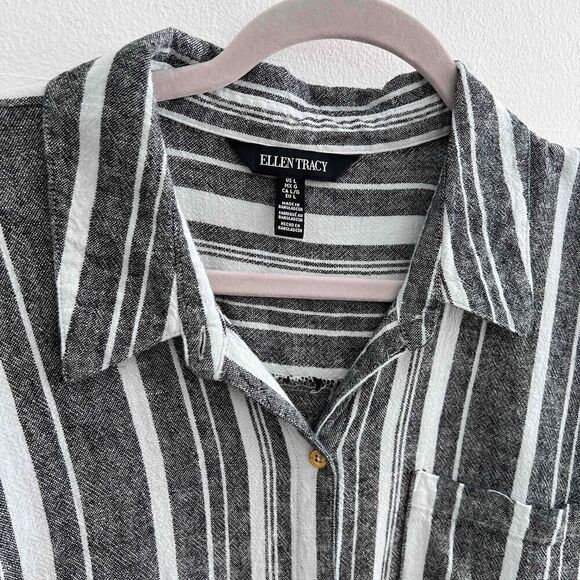 Ellen Tracy mariner tie front LINEN Shirt top Large Blue White Stripes ButtonS - Picture 3 of 13